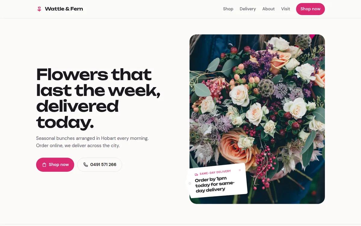 A preview of the Wattle & Fern florist site